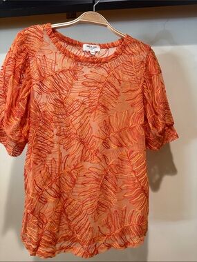 Kim & Cami Orange Embroidered Leaf Sheer Top